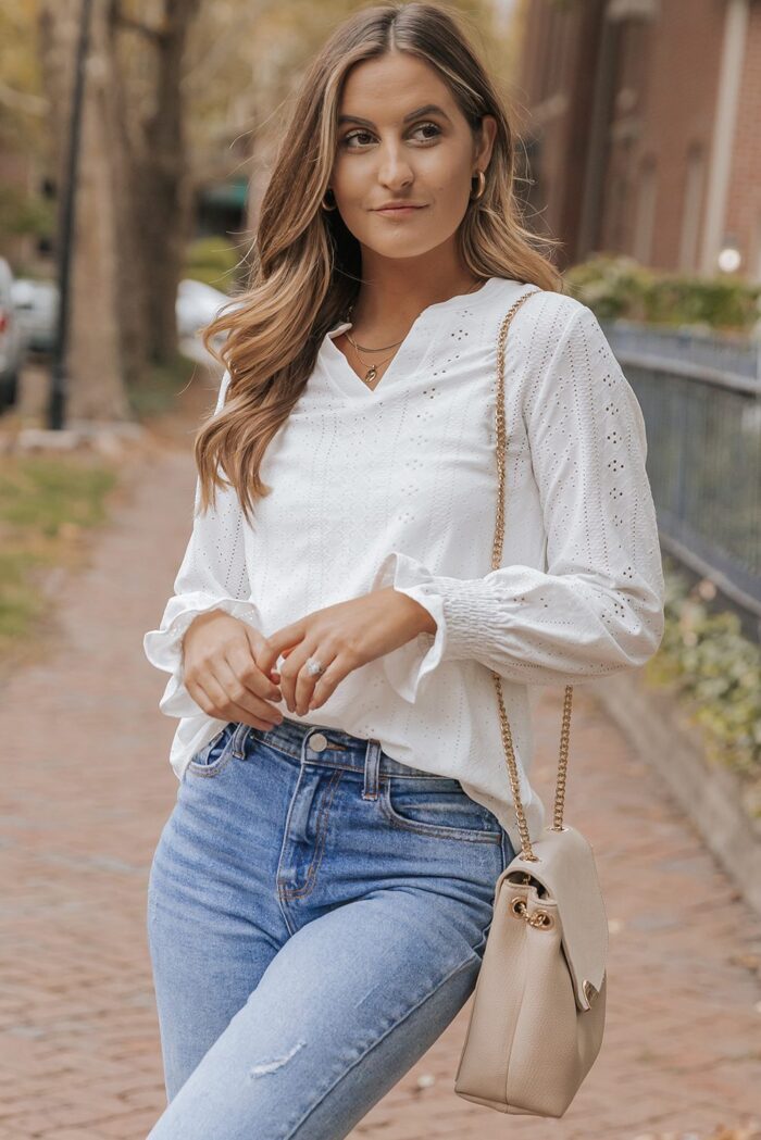 Elegant White Loose Blouse with Split Neck and Textured Design