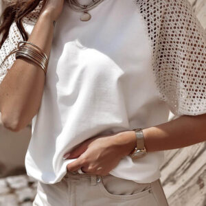 Airy Elegance- White Lace Tee with Half Sleeves