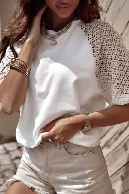 Airy Elegance- White Lace Tee with Half Sleeves