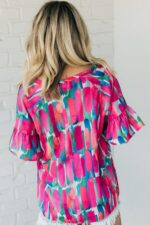 Rose Blouse with Abstract Brushwork Print and Buttoned V-Neck Detail