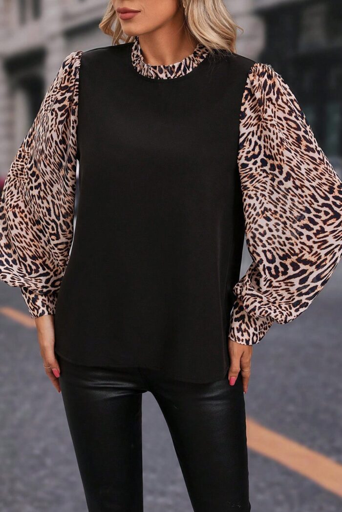 Chic Black Blouse with Contrast Leopard Print and Lantern Sleeves