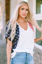 Classic White V-Neck Tee with US Stars and Stripes Design