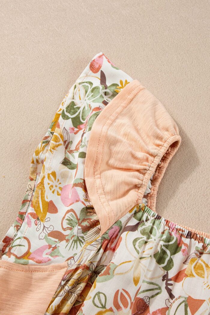 Apricot Pink Ruffle Sleeve Blouse with Square Neck and Floral Patchwork