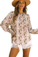 Brown Glitter Snake Grain Blouse with Pleated Details and Round Neckline