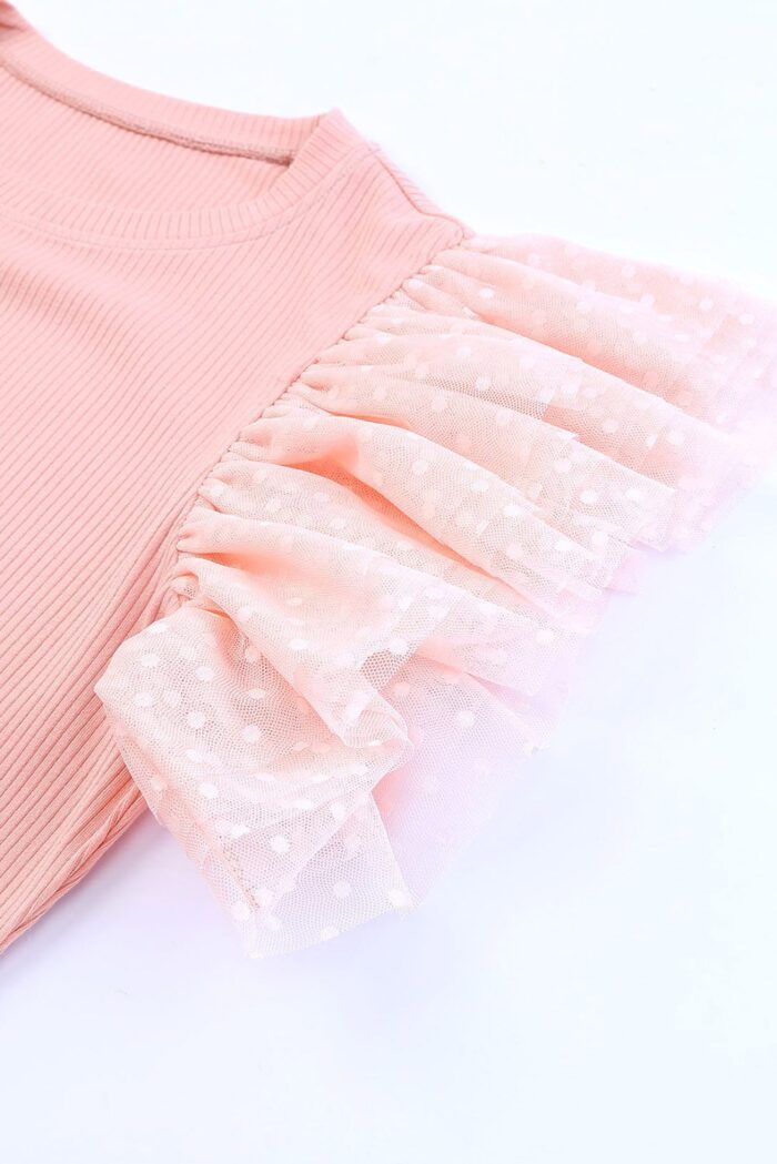 Pretty in Pink-Dotty Mesh Ribbed Knit Top with Ruffle Sleeves