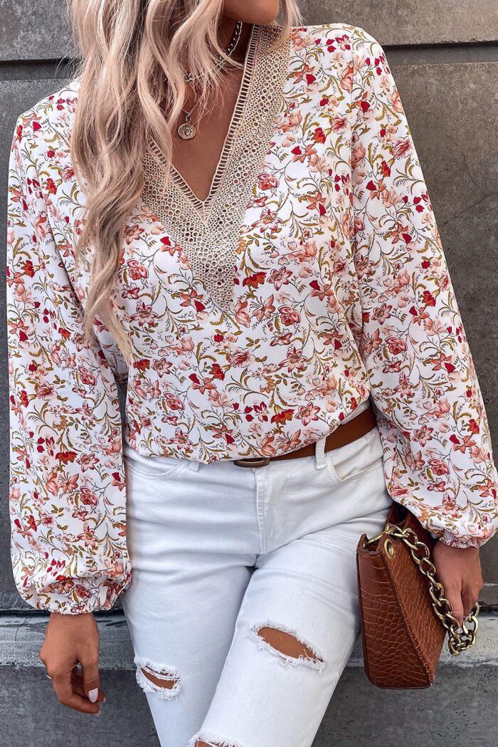 Elegant White Lace V-Neck Blouse with Delicate Floral Long Sleeves