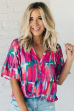 Rose Blouse with Abstract Brushwork Print and Buttoned V-Neck Detail