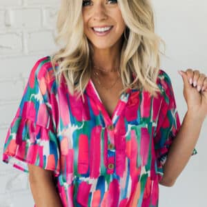 Rose Blouse with Abstract Brushwork Print and Buttoned V-Neck Detail