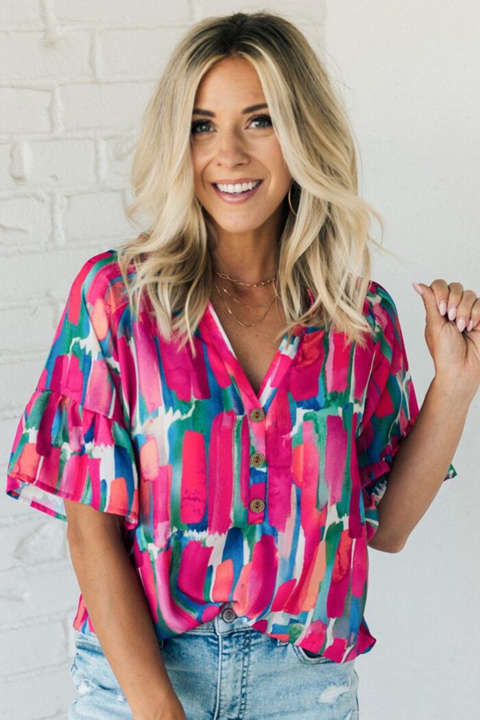 Rose Blouse with Abstract Brushwork Print and Buttoned V-Neck Detail