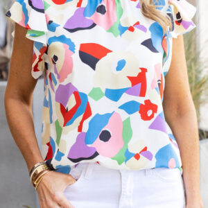 Vibrant Multicolor Smocked Blouse with Abstract Print and Ruffle Sleeves