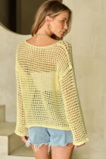 Sunny Yellow Bell Sleeve Tunic Sweater with Open Knit Crochet Detail