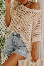 Apricot Fishnet Knit Sweater Tee with Ribbed Round Neck and Short Sleeves