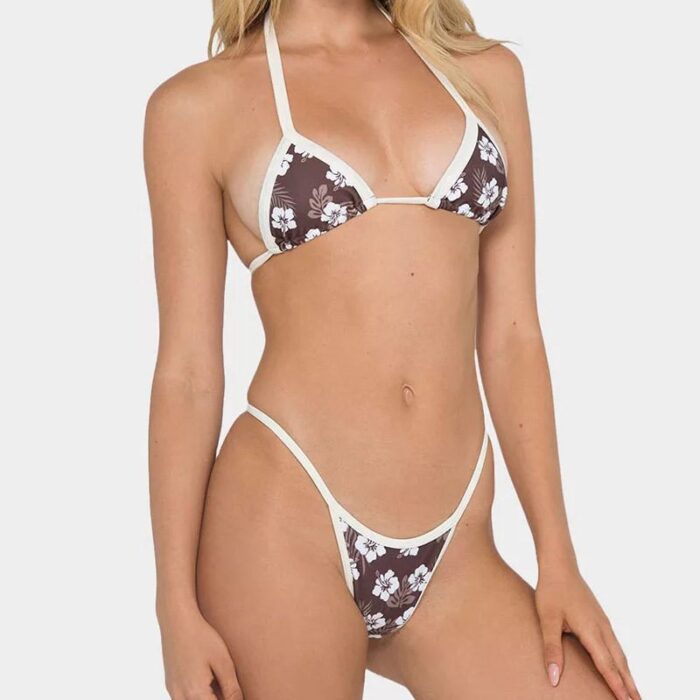 Printed Bikini with Trimmed Edges and Thong-Style Bottom - Sexy Swimwear
