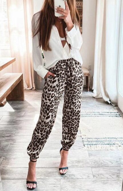 Wild and Comfortable- Women's Leopard Print Stretch Waist Casual Pants