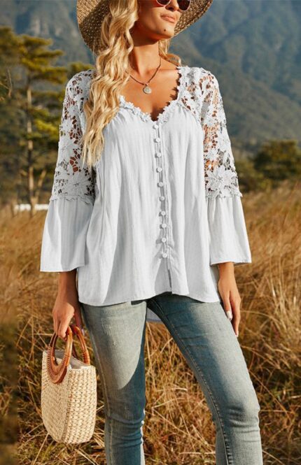 Deep V-Neck Chiffon Blouse for Women - Stylish and Versatile Pullover Top