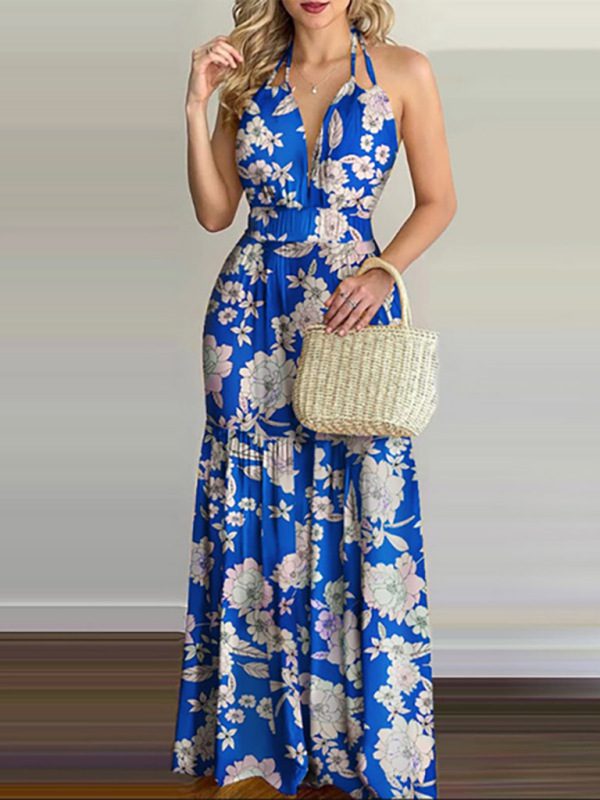 Chic Halterneck Tie Maxi Dress with V-Neck and Floral Print