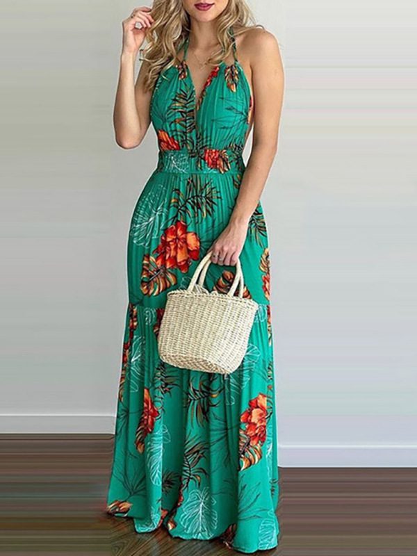 Chic Halterneck Tie Maxi Dress with V-Neck and Floral Print