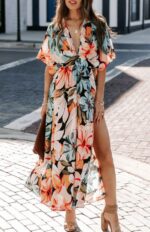 Orange Blossom Dreams-Women's Split Floral Kimono Maxi Dress