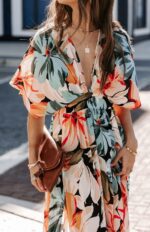 Orange Blossom Dreams-Women's Split Floral Kimono Maxi Dress
