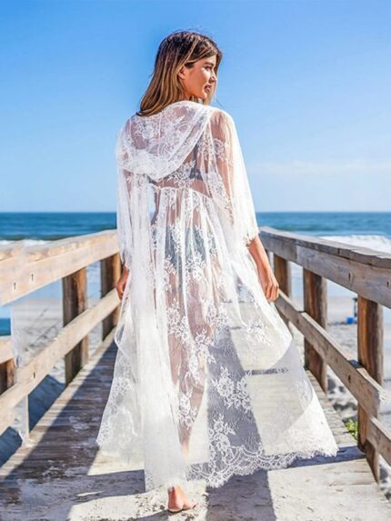 Embroidered Lace Beach Hooded Cover- Mid-Length Cover Up Shirt Over Bikini