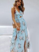 Women's Halter V-Neck Chiffon Print Dress - Sexy Split Beach Dress