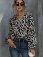 Puff Sleeve Leopard V-Neck Long-sleeved Top: New Casual Loose Style for Women