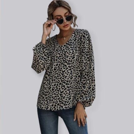 Puff Sleeve Leopard V-Neck Long-sleeved Top: New Casual Loose Style for Women
