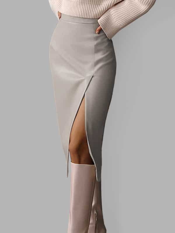 Trendy High Waist PU Leather Skirt with Stylish Slit and Hip Bag Accent