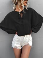 Loose Casual Woven Balloon Sleeve Shirt with Tie V-Neck - Women's Stylish Top