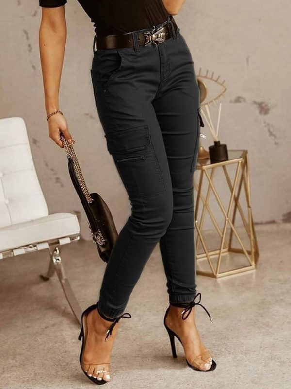 Low Waist Button-Down Solid Color Trousers for Women with Pockets