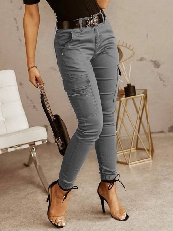 Low Waist Button-Down Solid Color Trousers for Women with Pockets
