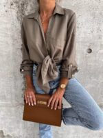 Chic Women's V-Neck Button Lapel Shirt - Simple Solid Color Pull-Sleeve Design