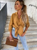 Chic Women's V-Neck Button Lapel Shirt - Simple Solid Color Pull-Sleeve Design