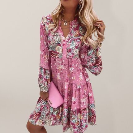 Chic Floral Mosaic-V-Neck Cropped Sleeve Layered Mini Dress