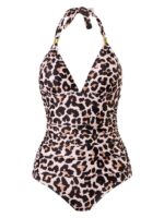 Conservative Leopard Print Halter One-Piece Swimsuit with Red Backless Detail