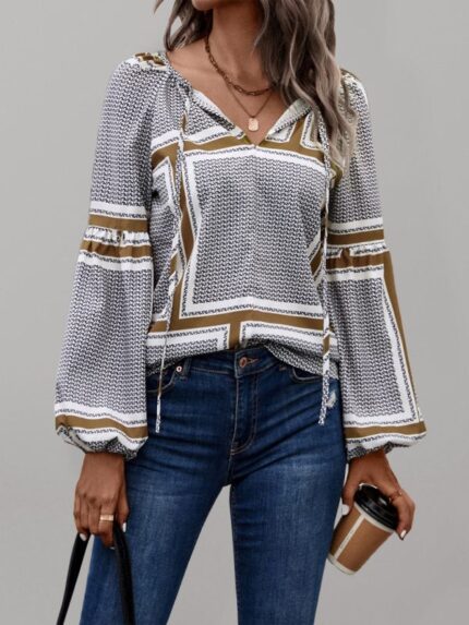 Printed Shirt with Fashionable Balloon Sleeves for Women