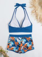 High Waist Boxer Tie Bikini- Split Swimsuit with Printed Solid Color Stitching