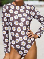 Backless Strap Daisy Print Sunscreen One-Piece Swimsuit for Women