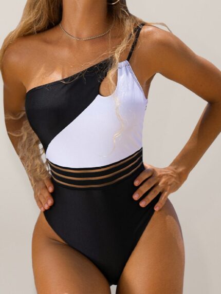 Cute One-Shoulder Swimsuit for Women with Stylish Colorblock Design