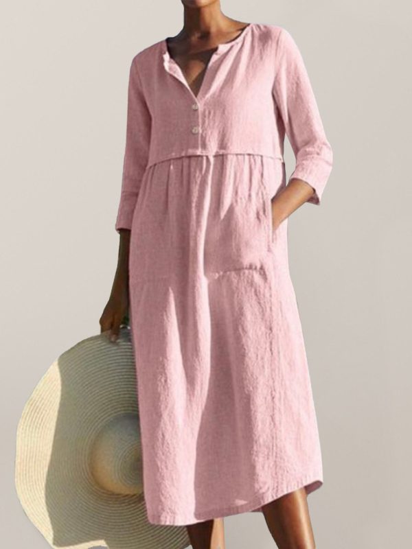 Round Neck Long Sleeve Cotton Linen Dress with Buttoned Pockets in Solid Color