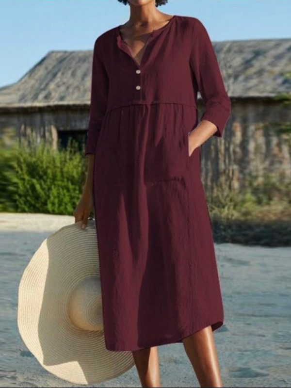 Round Neck Long Sleeve Cotton Linen Dress with Buttoned Pockets in Solid Color