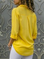 Deep V-Neck Chiffon Shirt with Long Sleeves and Button Closure for Women