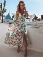 Sleeveless Chiffon Maxi Dress with Elegant Floral Print, Perfect for Vacation Beachwear with a Slit
