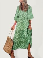 Street Holiday Geometric Collage Puff Sleeve Dress for Women