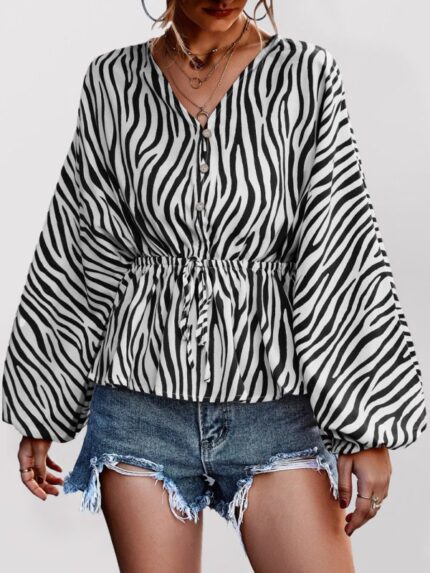 Single-Breasted Zebra Print V-Neck Women's Top
