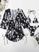 Tropical Print High Waist Tie Bikini Three-Piece Set for Women