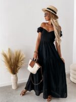 Summer Chic- Short-Sleeved Off-The-Shoulder Backless Dress with High Waist and Strappy Details