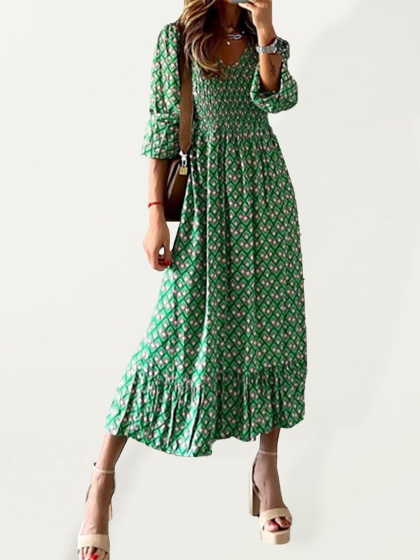 Women's V-Neck Long Skirt with Waist Floral Print – A Stylish Swing Dress