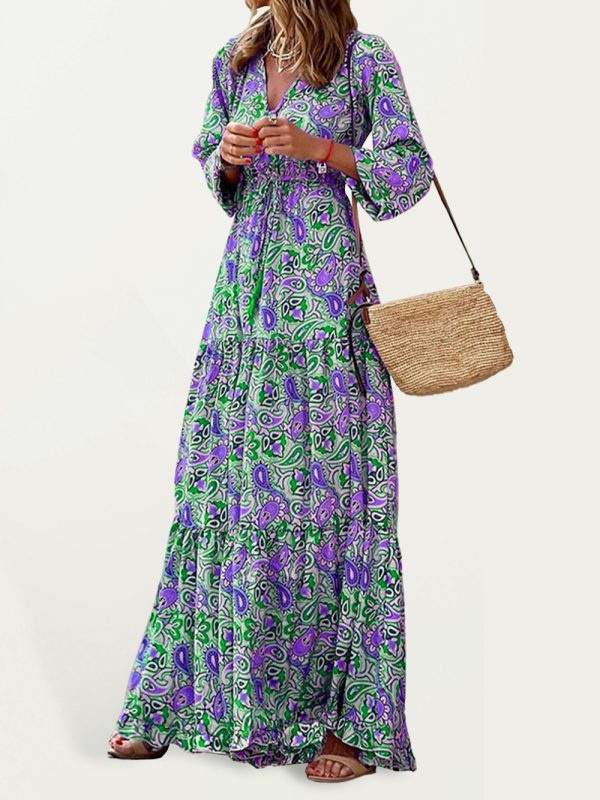 New Bohemian V-Neck Swing Dress with a Touch of Elegance