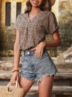 Stylish Leopard Print V-Neck Short Sleeve Shirt: A Casual and Loose Choice for Women's Fashion